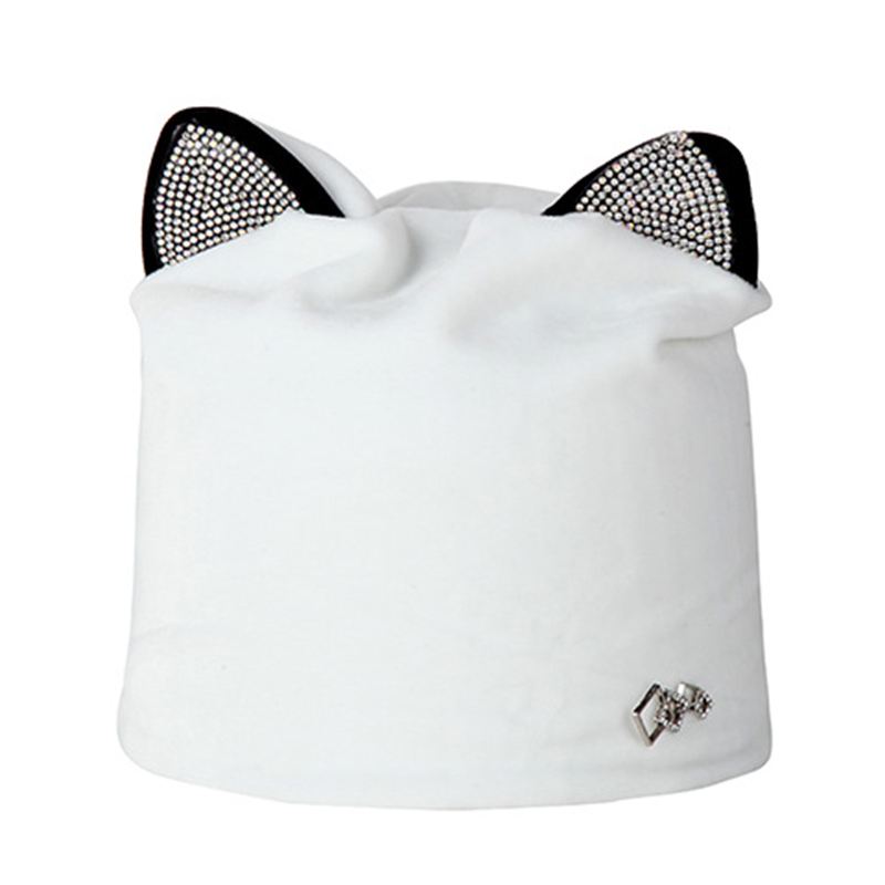 Kvinder Velour Rhinestone Deco Kat Ear Vindtæt Beanie Cap