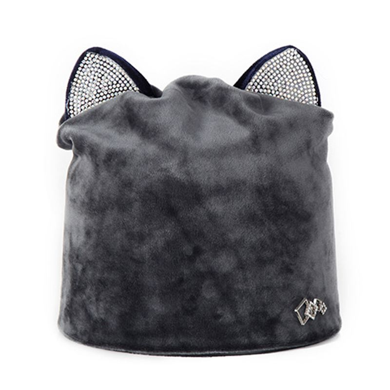 Kvinder Velour Rhinestone Deco Kat Ear Vindtæt Beanie Cap