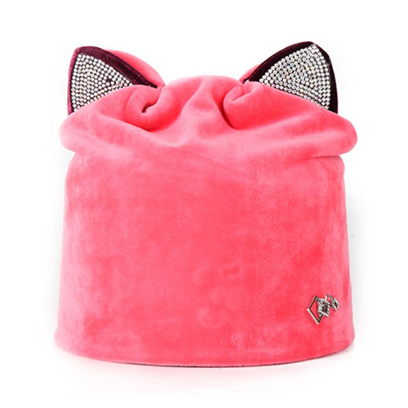 Kvinder Velour Rhinestone Deco Kat Ear Vindtæt Beanie Cap