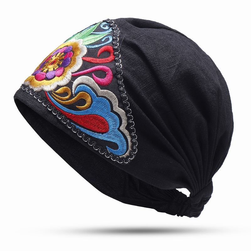 Kvinder Vintage Blomsterbroderede Beanie Caps Udendørs God Elastisk Turban Hat