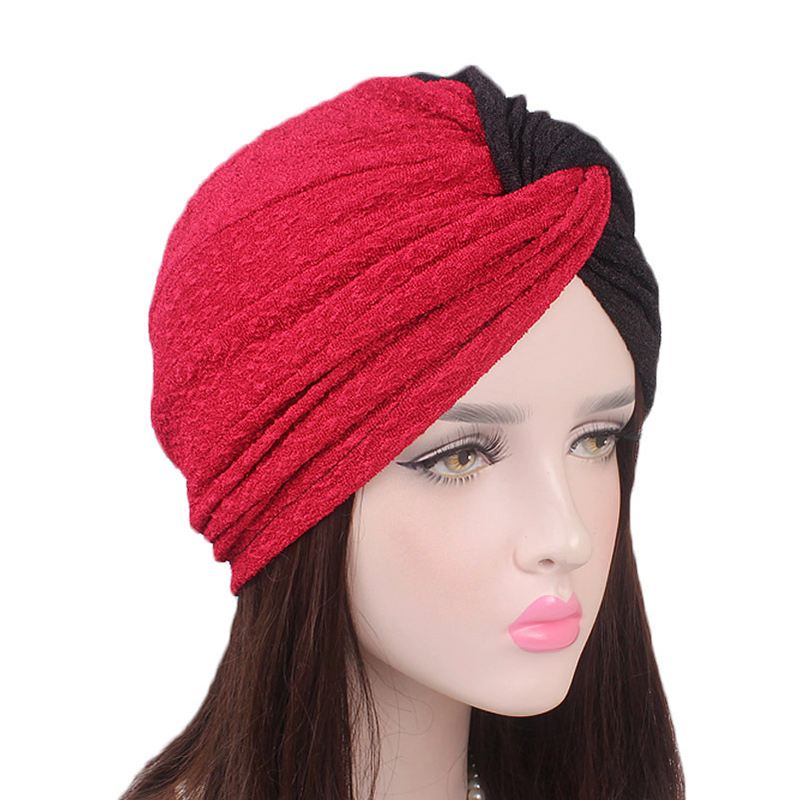 Kvinder Vintage Muslim Polyester Krydset Kemisk Turban Hat Casual Stripe Beanie Cap