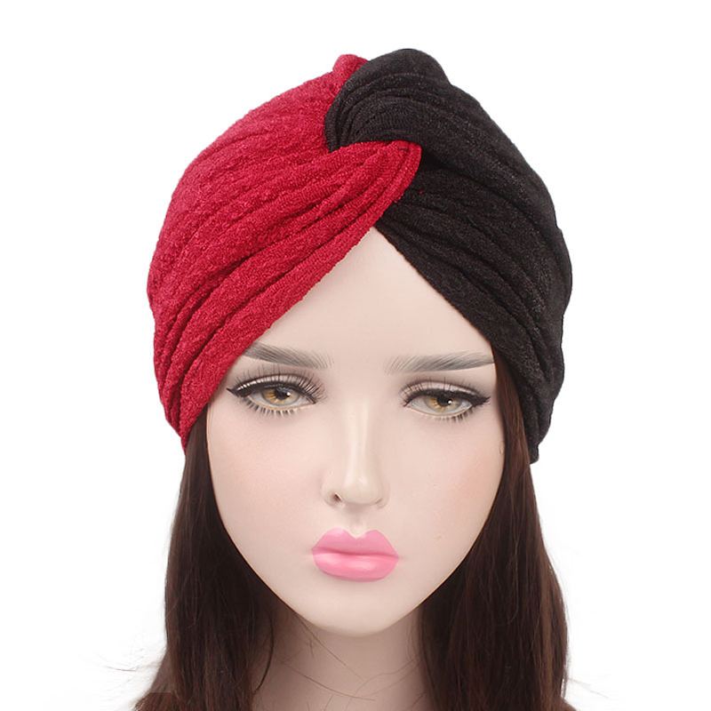 Kvinder Vintage Muslim Polyester Krydset Kemisk Turban Hat Casual Stripe Beanie Cap