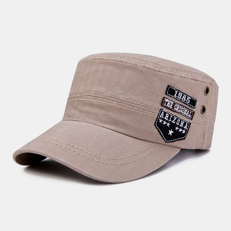 Mænd Bomuld Casual Letter Label Patch Militær Kasket Kadet Hat Udendørs Justerbar Solsejl Flad Top Cap