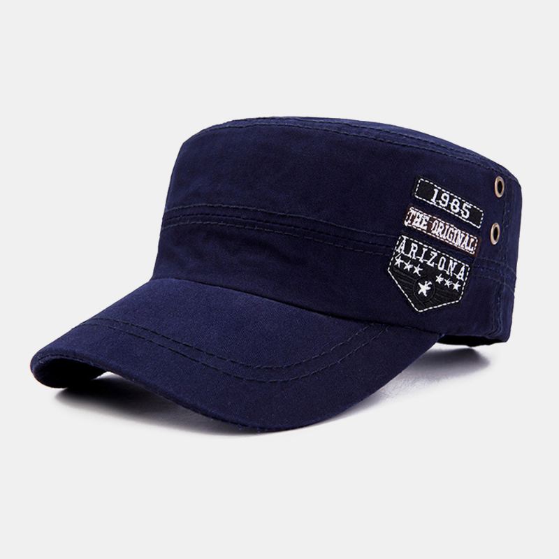 Mænd Bomuld Casual Letter Label Patch Militær Kasket Kadet Hat Udendørs Justerbar Solsejl Flad Top Cap