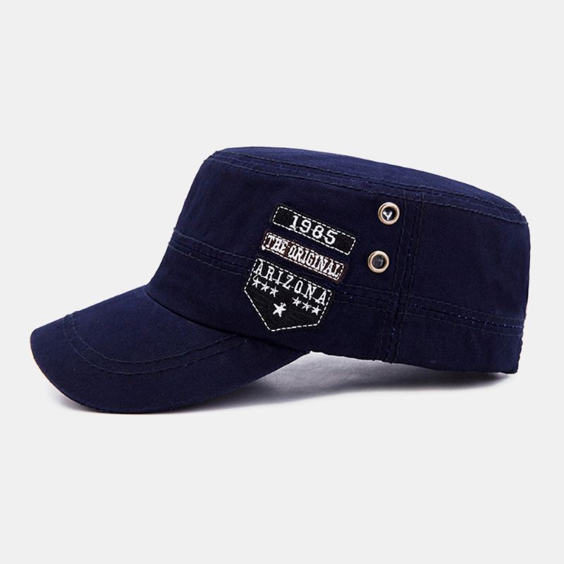 Mænd Bomuld Casual Letter Label Patch Militær Kasket Kadet Hat Udendørs Justerbar Solsejl Flad Top Cap