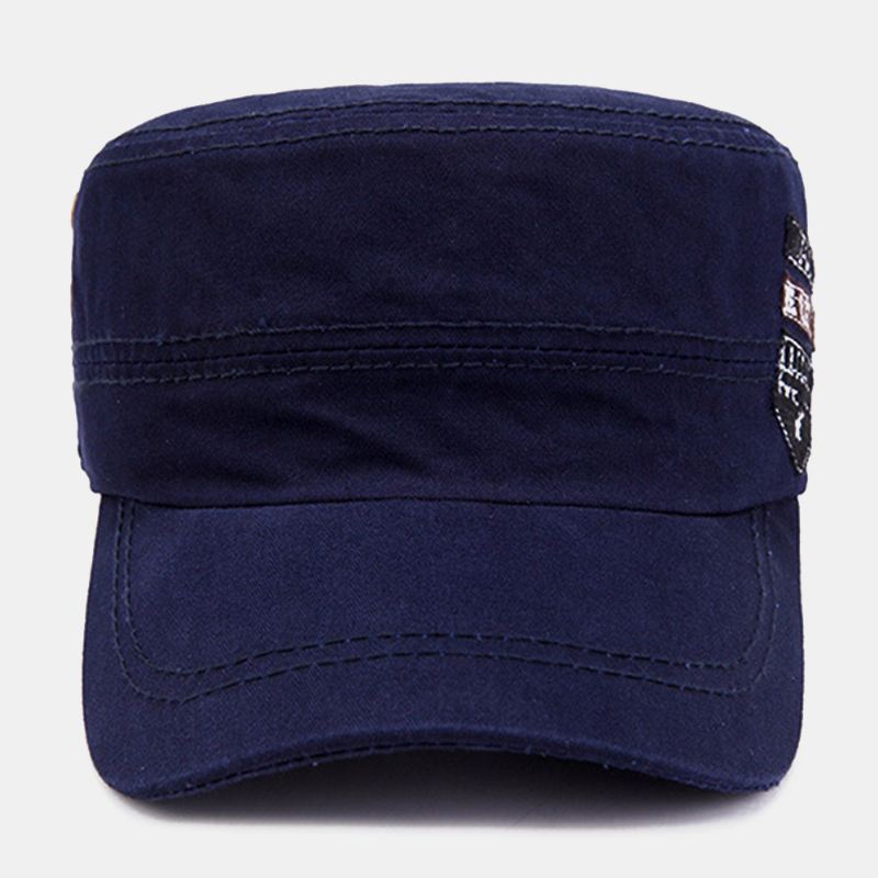 Mænd Bomuld Casual Letter Label Patch Militær Kasket Kadet Hat Udendørs Justerbar Solsejl Flad Top Cap