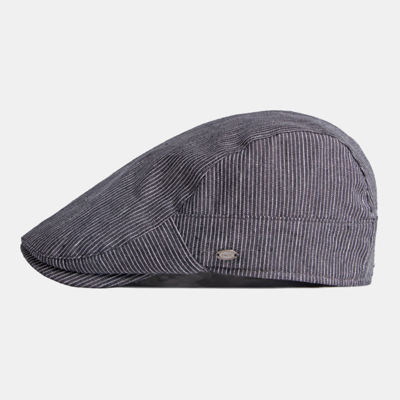 Mænd Bomuld Linned Nålestribe Baret Cap Britisk Retro Metal Label Justerbar Casual Flat Cap