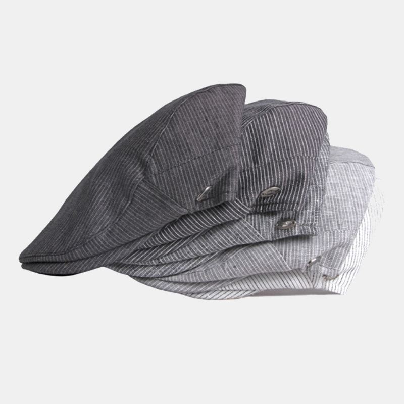 Mænd Bomuld Linned Nålestribe Baret Cap Britisk Retro Metal Label Justerbar Casual Flat Cap