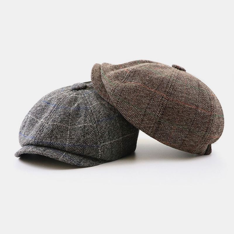 Mænd Britisk Stil Retro Elastisk Afslappet Gittermønster Maler Newsboy Hat Baret Hat Ottekantet Hat