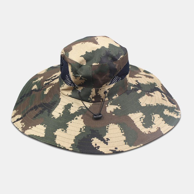 Mænd Camouflage Mesh Åndbar Big Rim Udendørs Fiskeri Klatring Sunshade Bucket Hat