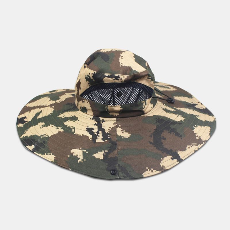 Mænd Camouflage Mesh Åndbar Big Rim Udendørs Fiskeri Klatring Sunshade Bucket Hat