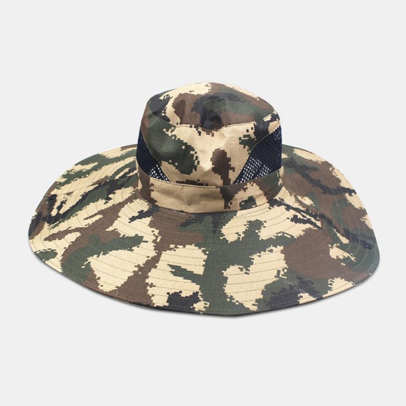 Mænd Camouflage Mesh Åndbar Big Rim Udendørs Fiskeri Klatring Sunshade Bucket Hat