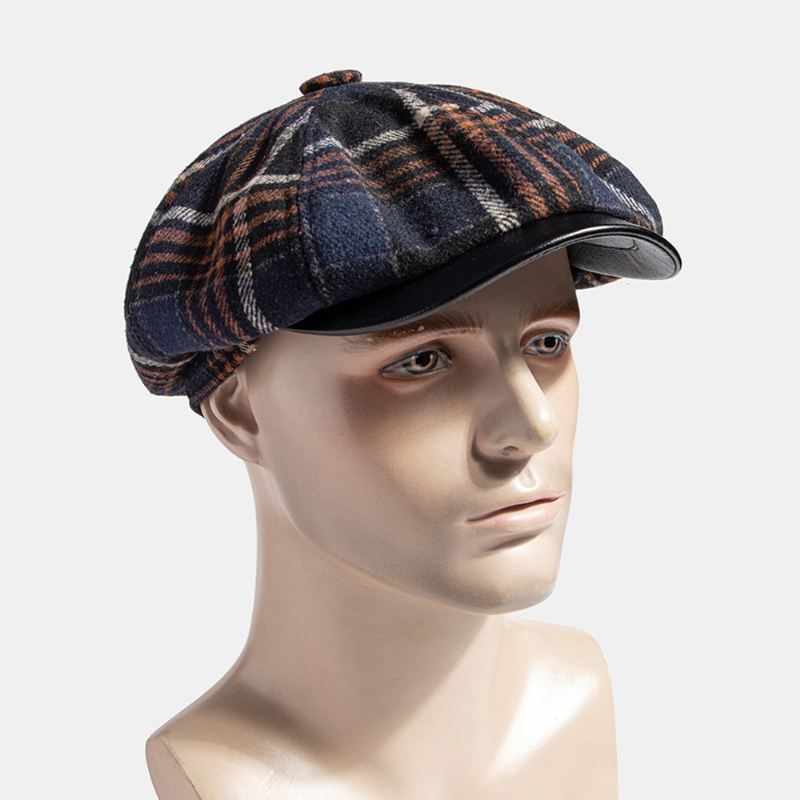 Mænd Casual Personlighed Plaid Mønster Newsboy Hat Octagonal Cap Baret Hat