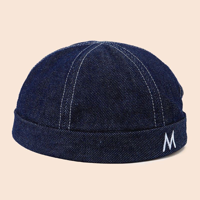 Mænd Denim Dome Brev Broderi Udlejer Kasket Hip Hop Sommer Solsejl Justerbar Brimless Beanie Skull Cap