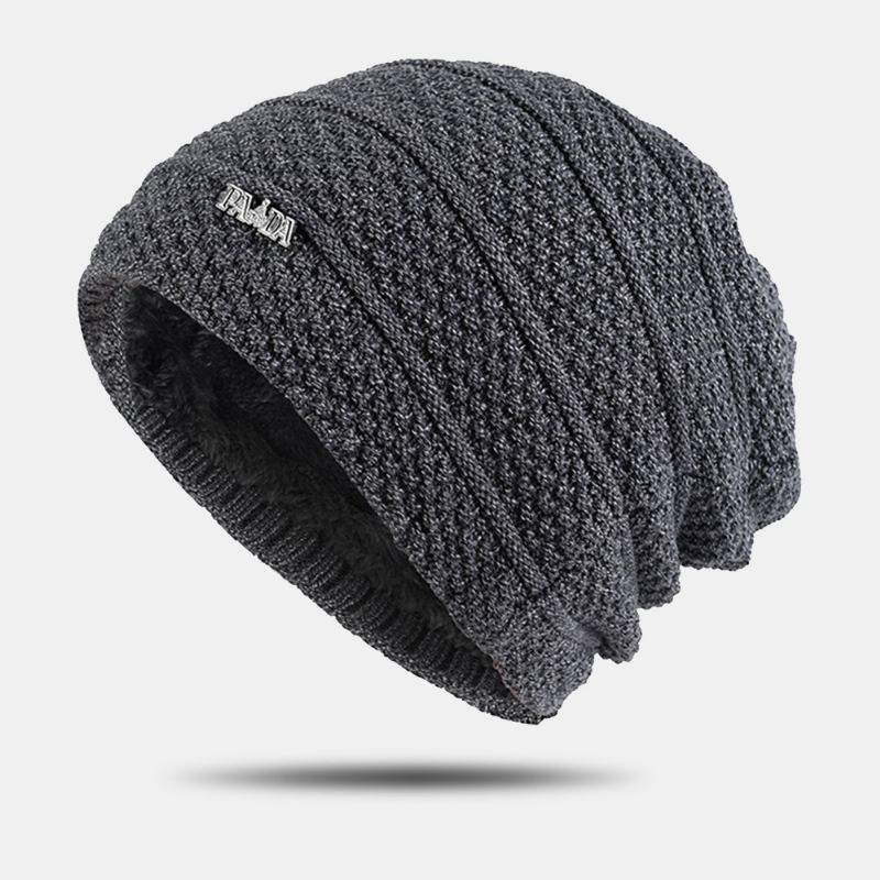 Mænd Ensfarvede Stribede Strikhue Plus Velvet Thicken Outdoor Warmth Brimless Beanie Hat