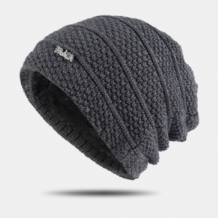 Mænd Ensfarvede Stribede Strikhue Plus Velvet Thicken Outdoor Warmth Brimless Beanie Hat