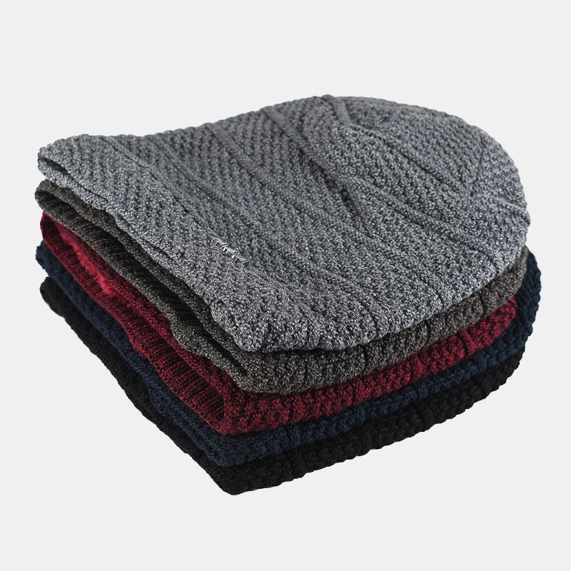 Mænd Ensfarvede Stribede Strikhue Plus Velvet Thicken Outdoor Warmth Brimless Beanie Hat