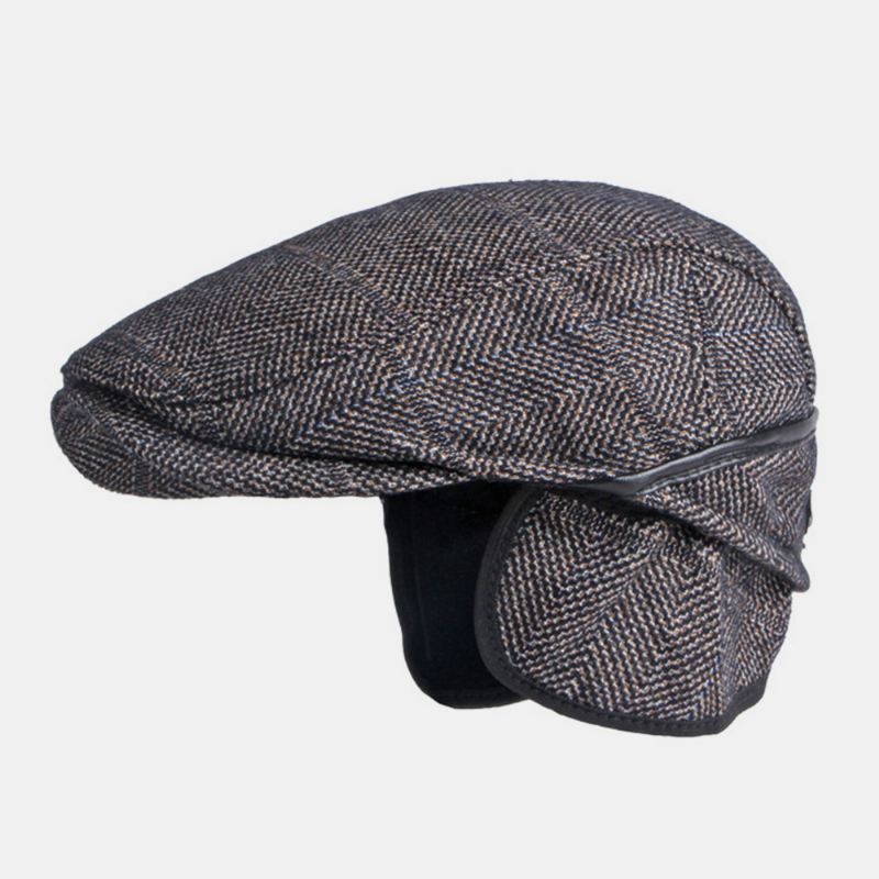 Mænd Ensfarvet Ørebeskyttelse Øreværn Design Vindtæt Flad Hat Britisk Retro Thicken Warm Beret Cap Forward Hat