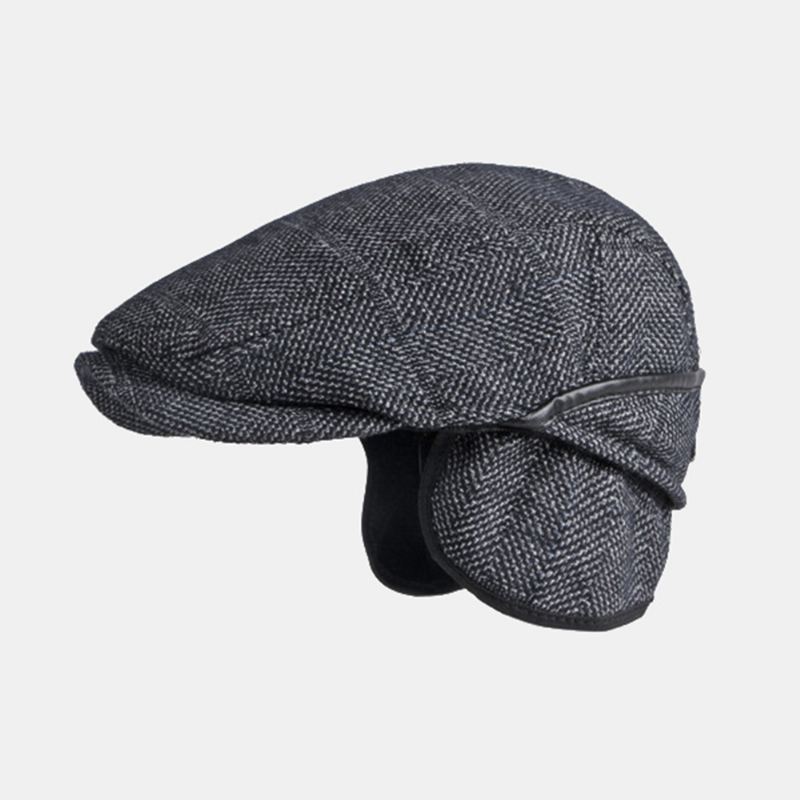 Mænd Ensfarvet Ørebeskyttelse Øreværn Design Vindtæt Flad Hat Britisk Retro Thicken Warm Beret Cap Forward Hat