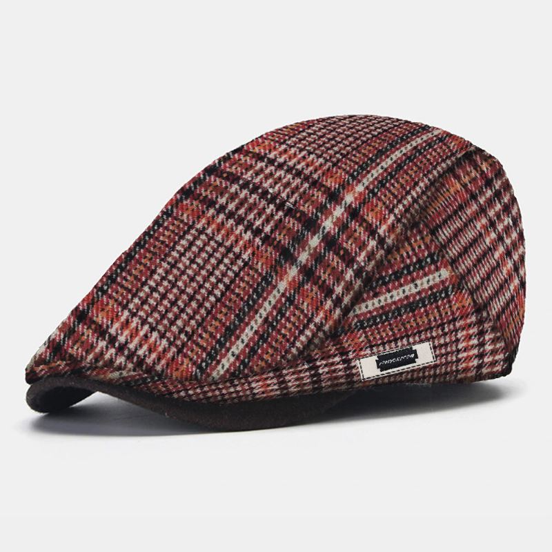 Mænd Plaid Strikket Baret Flad Cap Side Metal Label Justerbar Newsboy Hat