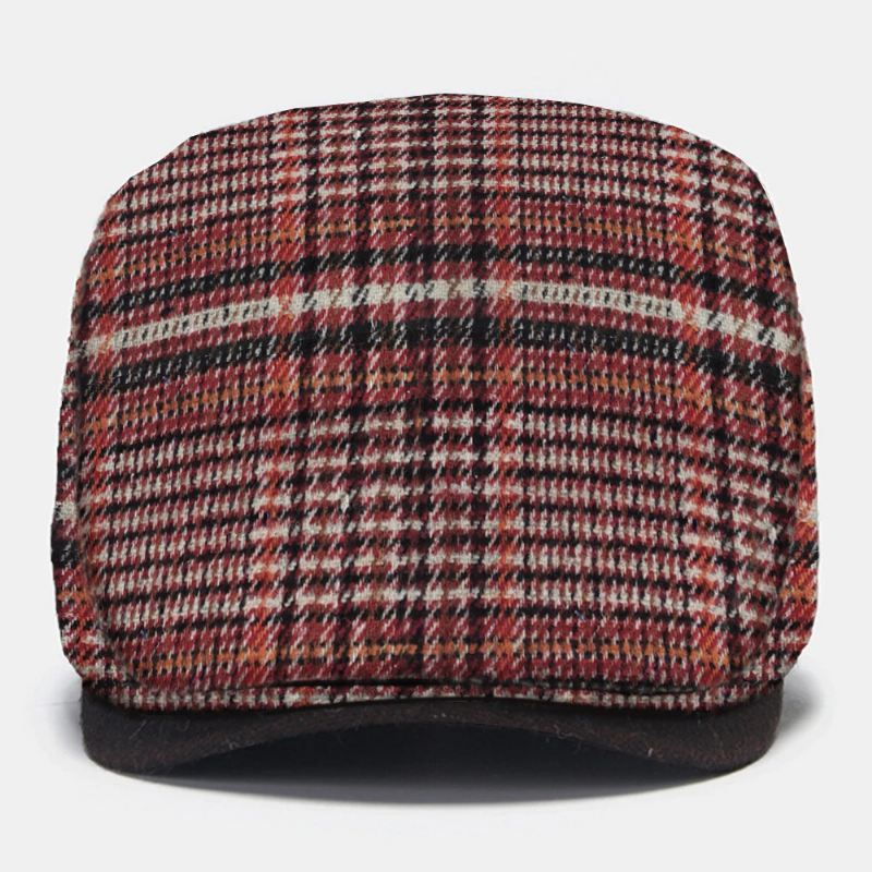 Mænd Plaid Strikket Baret Flad Cap Side Metal Label Justerbar Newsboy Hat