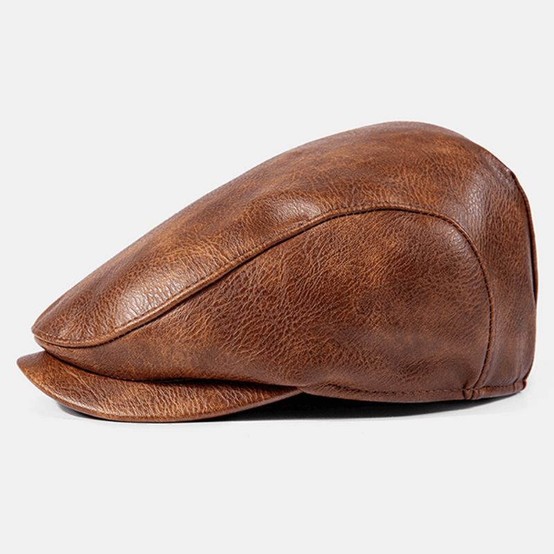 Mænd Pu-læder Ensfarvet Absorber Sved Åndbar Baret Flad Kasket Casual Warmth Newsboy Hat Forward Hat