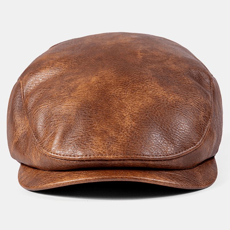 Mænd Pu-læder Ensfarvet Absorber Sved Åndbar Baret Flad Kasket Casual Warmth Newsboy Hat Forward Hat