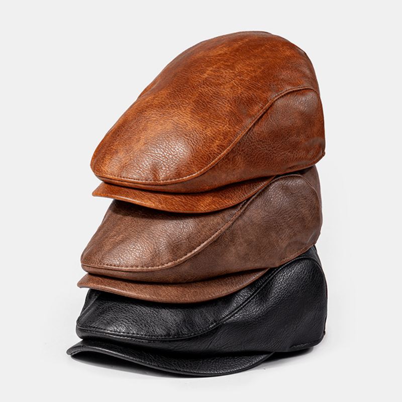 Mænd Pu-læder Ensfarvet Absorber Sved Åndbar Baret Flad Kasket Casual Warmth Newsboy Hat Forward Hat