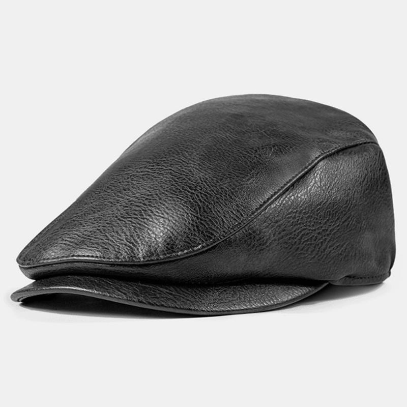 Mænd Pu-læder Ensfarvet Absorber Sved Åndbar Baret Flad Kasket Casual Warmth Newsboy Hat Forward Hat