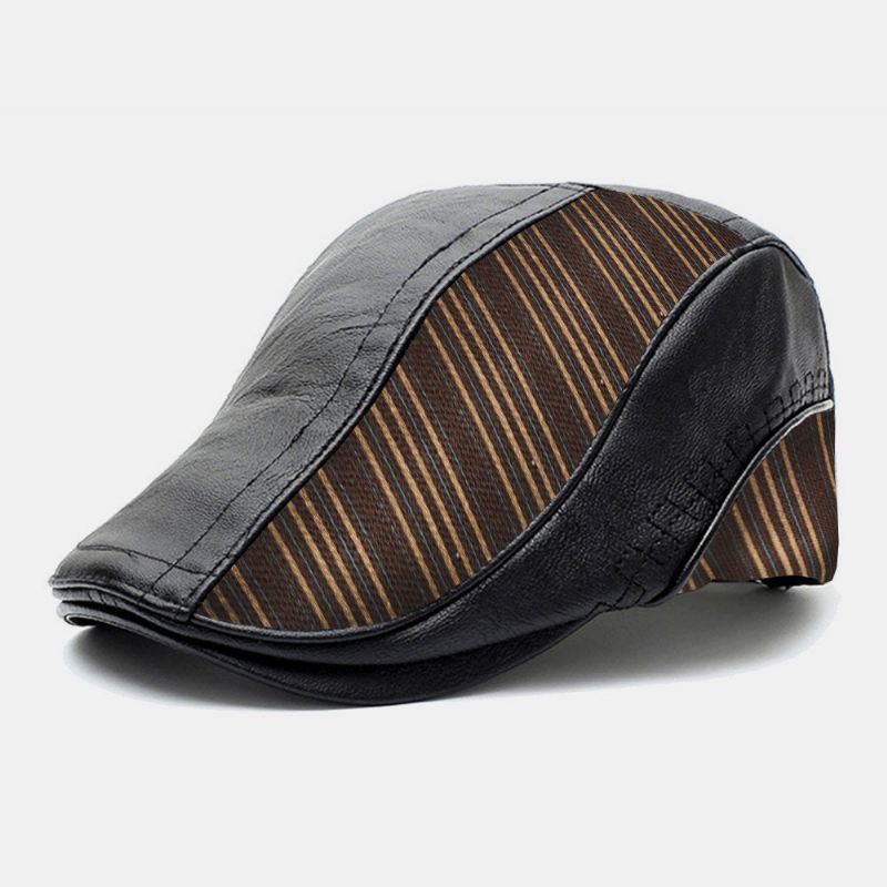 Mænd Pu Læder Strik Sting Stribe Mønster Baretter Retro Justerbar Varm Fremad Cap Peaked Cap