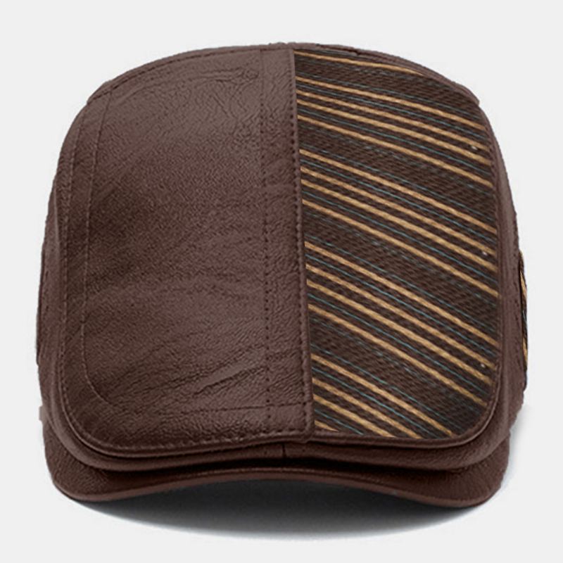 Mænd Pu Læder Strik Sting Stribe Mønster Baretter Retro Justerbar Varm Fremad Cap Peaked Cap