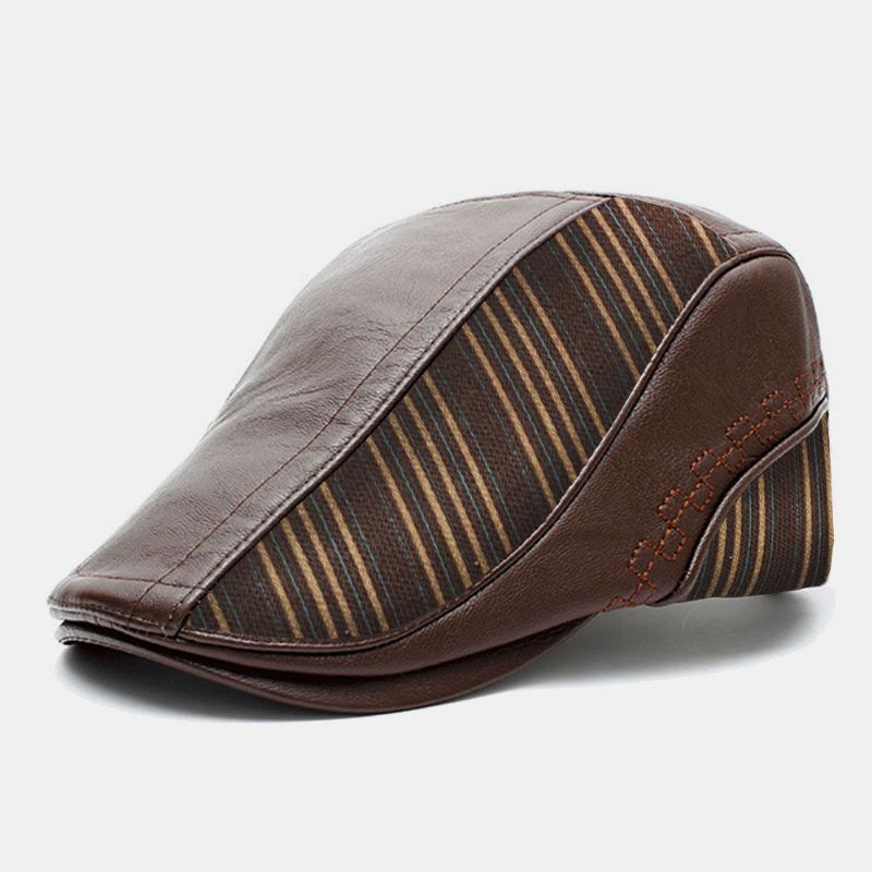 Mænd Pu Læder Strik Sting Stribe Mønster Baretter Retro Justerbar Varm Fremad Cap Peaked Cap