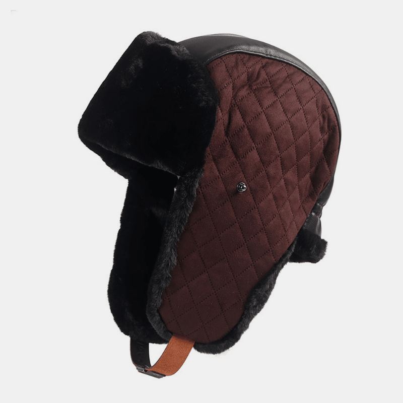 Mænd Pu Plus Velvet Thicken Trapper Hat Ensfarvet Argyle Cold Protection Vindtæt Ørebeskyttelse Ushanka Hat