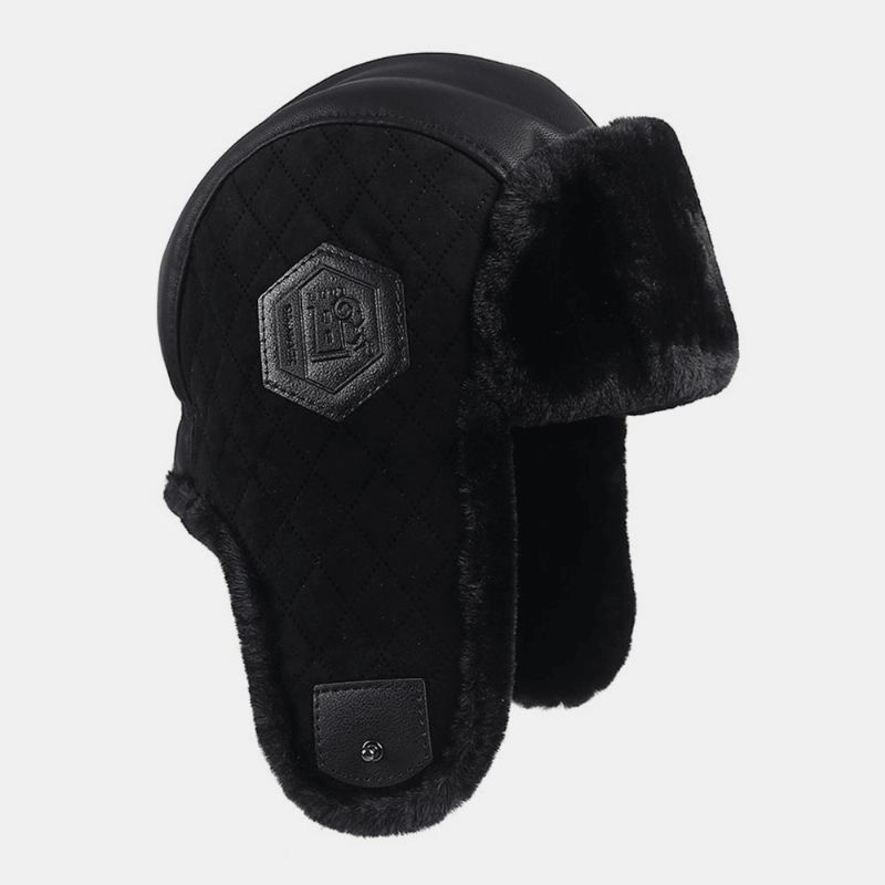 Mænd Pu Plus Velvet Thicken Trapper Hat Ensfarvet Argyle Cold Protection Vindtæt Ørebeskyttelse Ushanka Hat