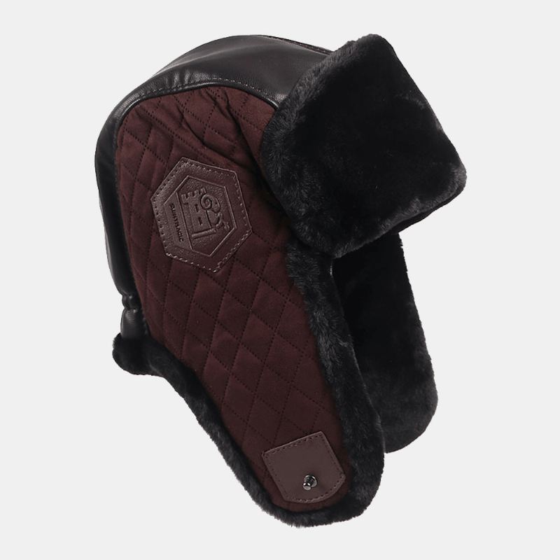 Mænd Pu Plus Velvet Thicken Trapper Hat Ensfarvet Argyle Cold Protection Vindtæt Ørebeskyttelse Ushanka Hat