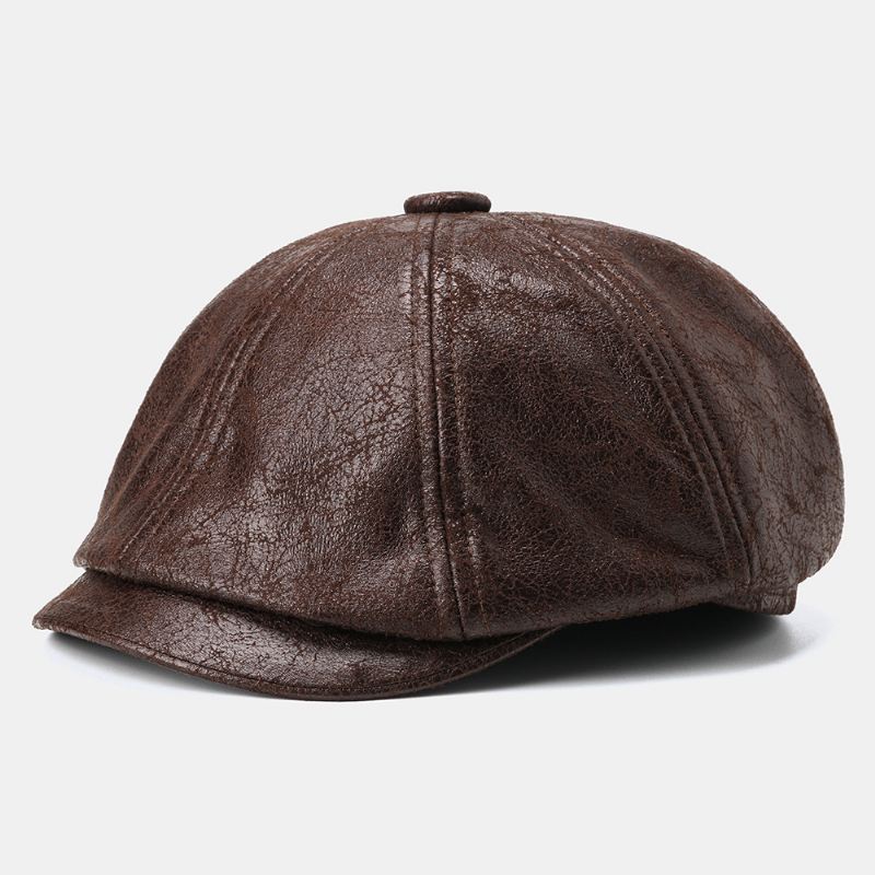 Mænd Revnet Pu Læder Newsboy Hat Retro Baret Caps