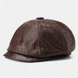 Mænd Revnet Pu Læder Newsboy Hat Retro Baret Caps