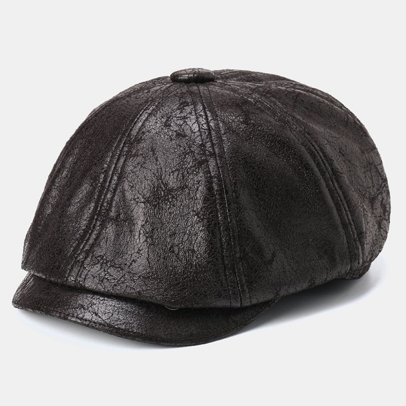 Mænd Revnet Pu Læder Newsboy Hat Retro Baret Caps