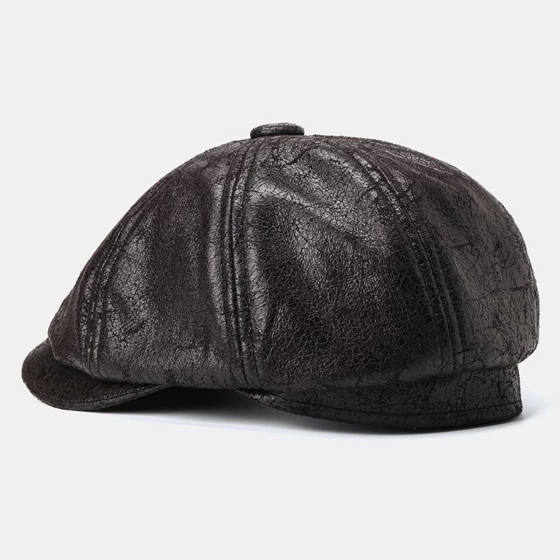 Mænd Revnet Pu Læder Newsboy Hat Retro Baret Caps