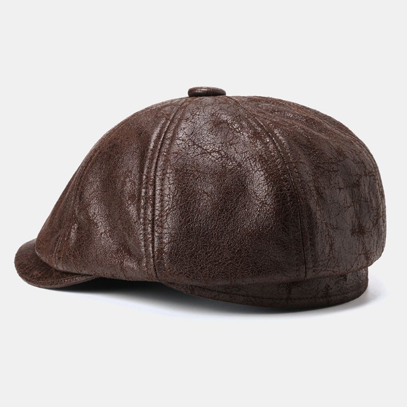 Mænd Revnet Pu Læder Newsboy Hat Retro Baret Caps