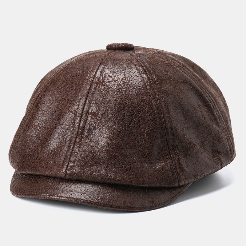 Mænd Revnet Pu Læder Newsboy Hat Retro Baret Caps