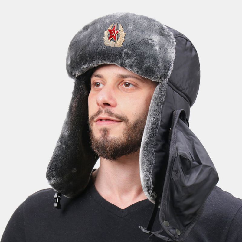 Mænd Solid Soviet Badge Vindtæt Trapper Hat Udendørs Thicken Ear Protection Varm Russisk Hat Ushanka Hat