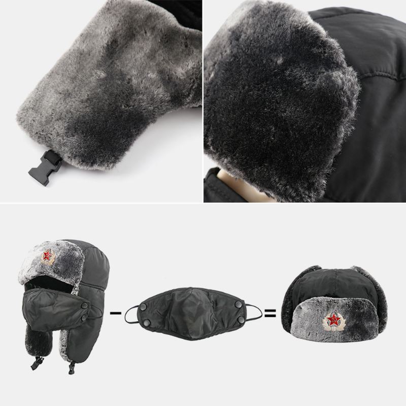 Mænd Solid Soviet Badge Vindtæt Trapper Hat Udendørs Thicken Ear Protection Varm Russisk Hat Ushanka Hat