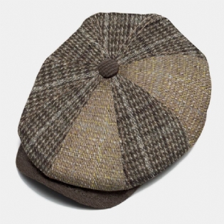 Mænd Strikket Nålestribet Plaid Twill Stof Hat Rand Vintage Varme Ottekantet Hat Flad Kasket