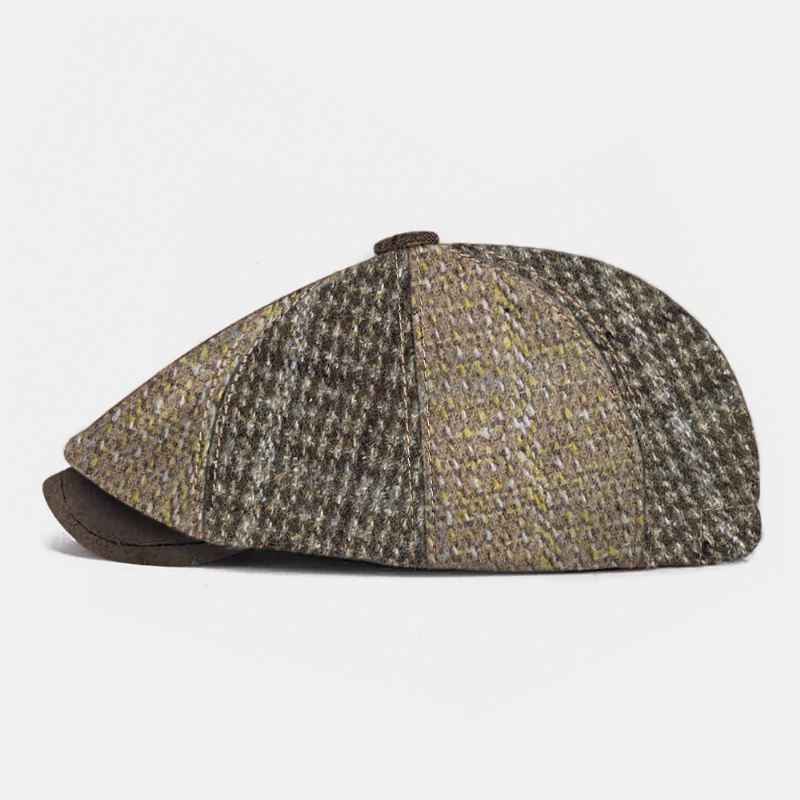 Mænd Strikket Nålestribet Plaid Twill Stof Hat Rand Vintage Varme Ottekantet Hat Flad Kasket