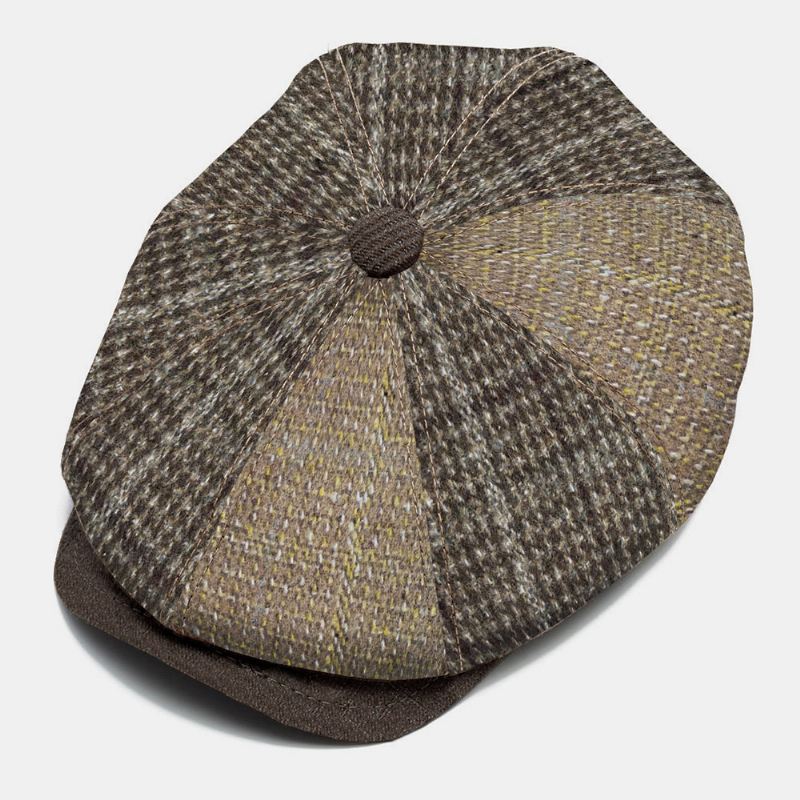 Mænd Strikket Nålestribet Plaid Twill Stof Hat Rand Vintage Varme Ottekantet Hat Flad Kasket