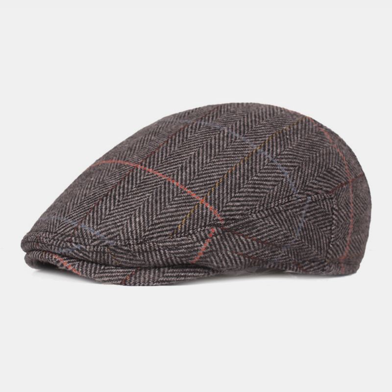 Mænd Uld Sildebensgitter Mønster Baretter Britisk Retro Ørebeskyttelse Fremad Hat Newsboy Hat