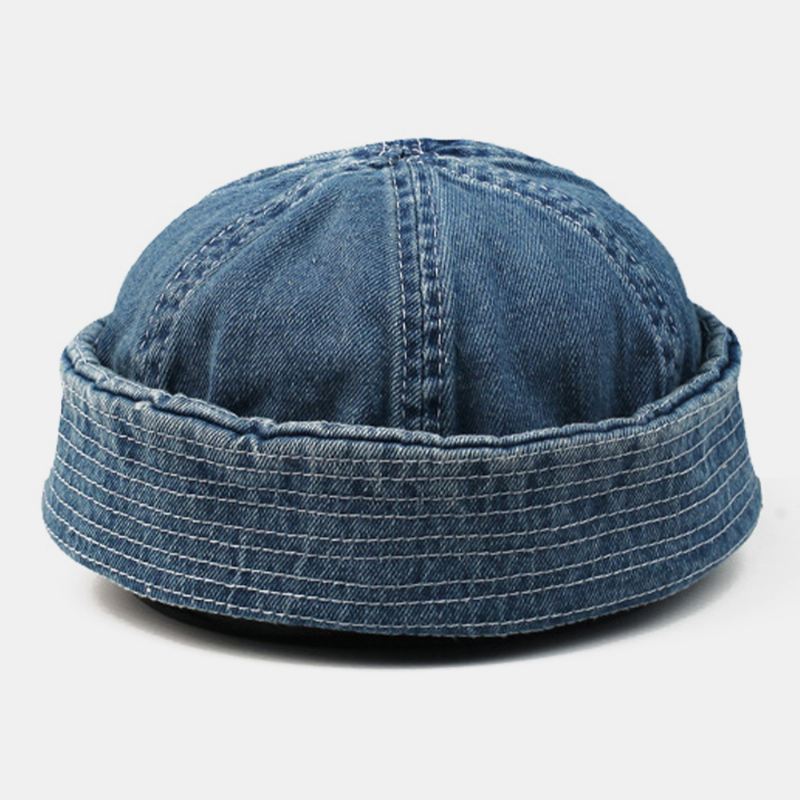 Mænd Vasket Denim Ensfarvede Justerbar Udendørs Afslappet Hat Beanie Udlejer Cap Skull Cap