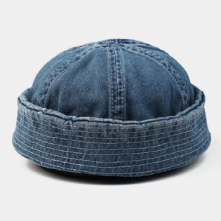 Mænd Vasket Denim Ensfarvede Justerbar Udendørs Afslappet Hat Beanie Udlejer Cap Skull Cap