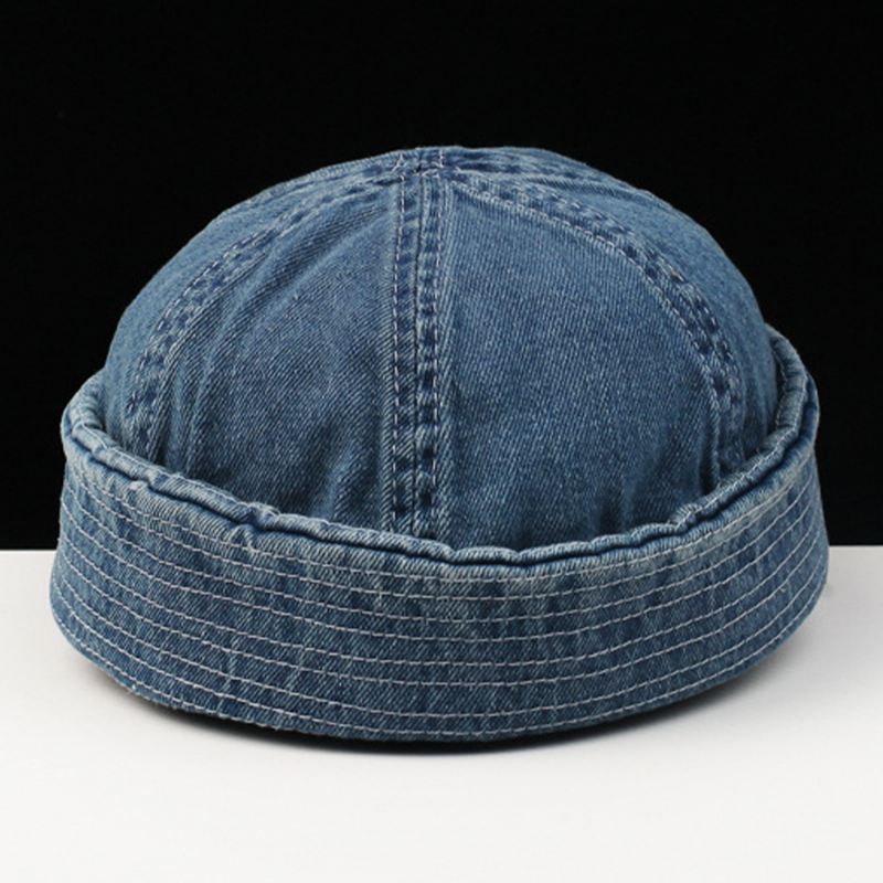 Mænd Vasket Denim Ensfarvede Justerbar Udendørs Afslappet Hat Beanie Udlejer Cap Skull Cap